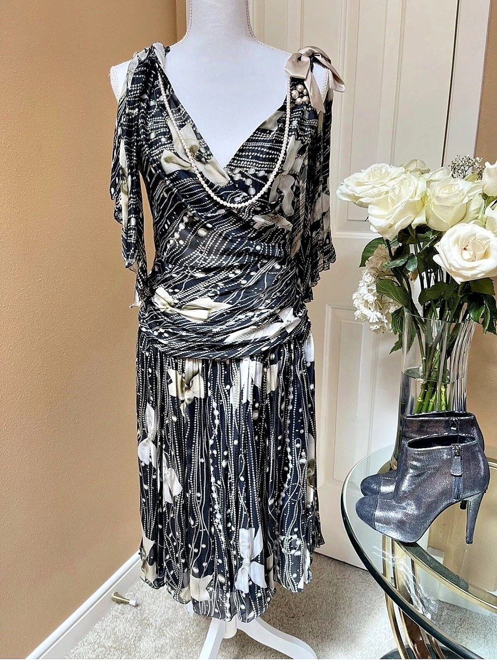 Moschino Silk Pearl Bow Print Dress Black Ivory Size IT 44 US 10 NWT $1,895